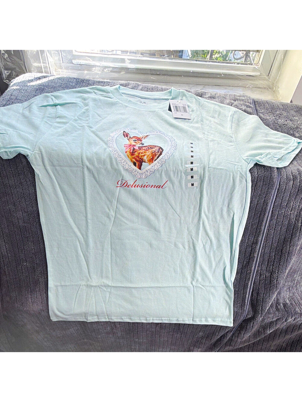 IML Men’s Light Blue “Delusional” Deer Graphic Crew Neck T-Shirt Size M